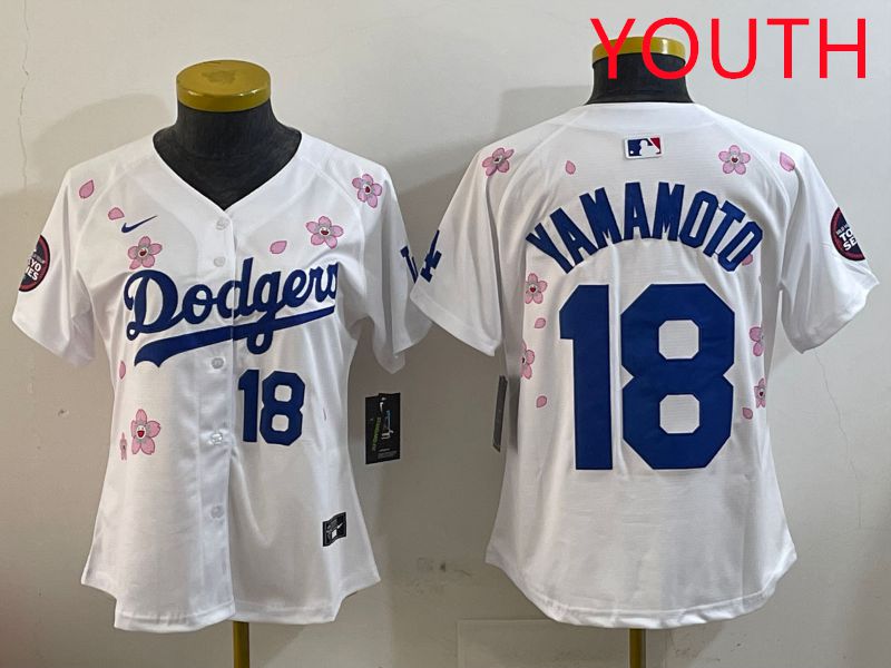 Youth Los Angeles Dodgers #18 Yamamoto White Sakura Edition 2025 Nike MLB Jersey style 7->youth mlb jersey->Youth Jersey